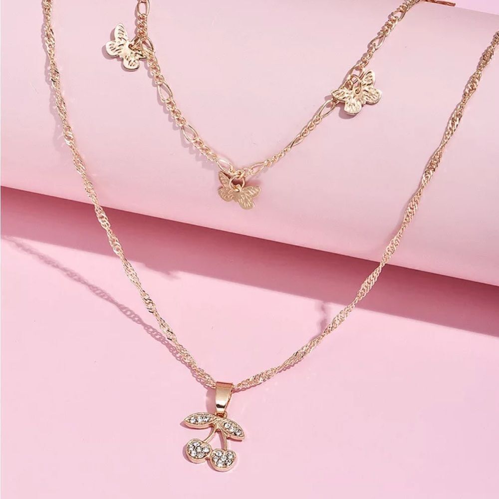 NEW! Layered Gold Butterfly & Cherry Charm Necklace - Picture 2 of 6